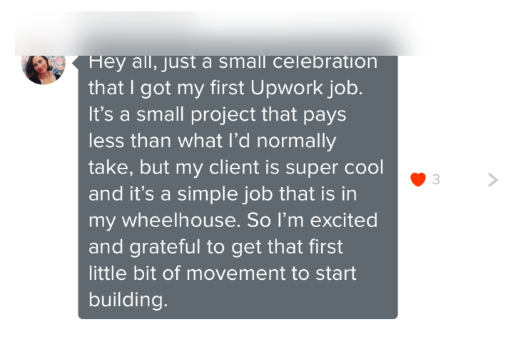 Student message: celebrating first Upwork job